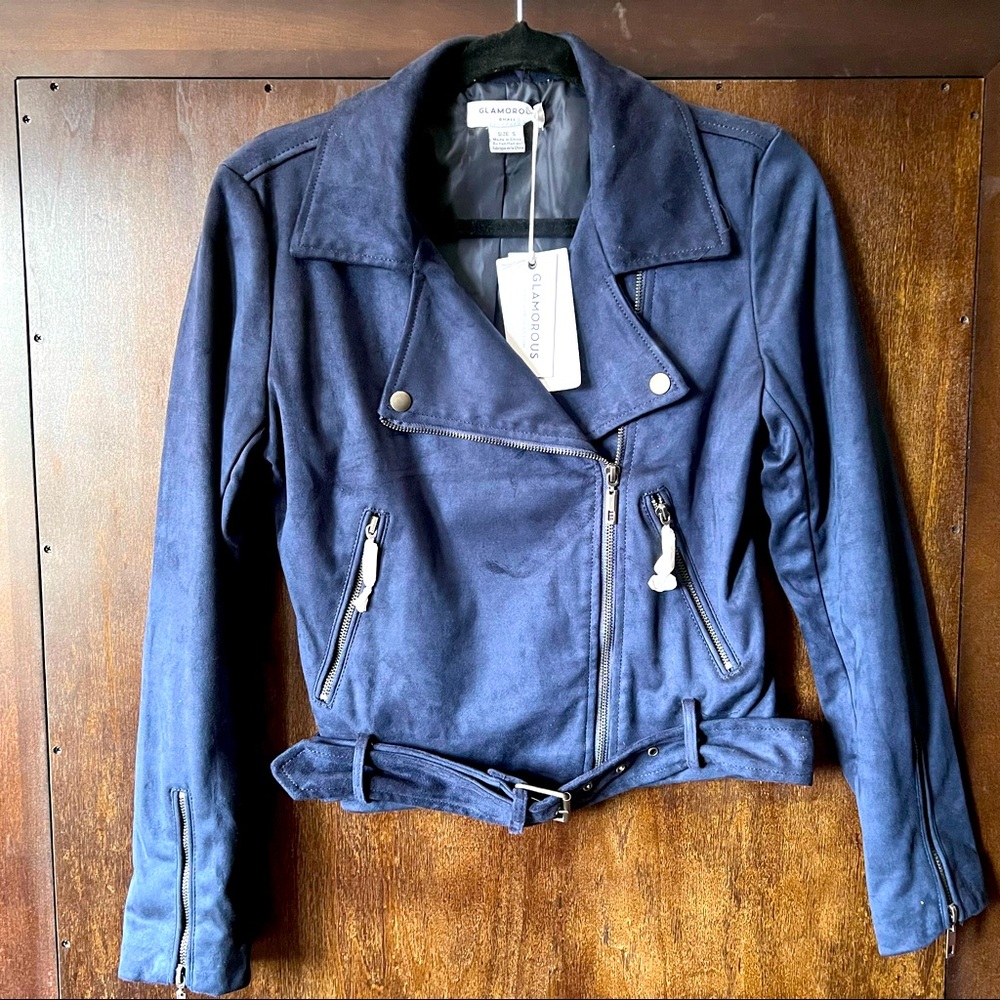 Navy Suede biker jacket. Glamorous brand. Brand New condition. Size S.